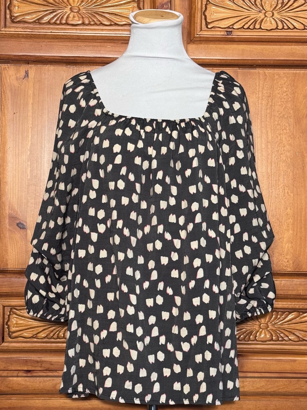 Lane Bryant Black Blouse with Cream Spot Print